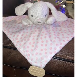 Modern Baby Pink White Bunny Snuggle Lovey w Teether N Rattle Plush Blanket 12"